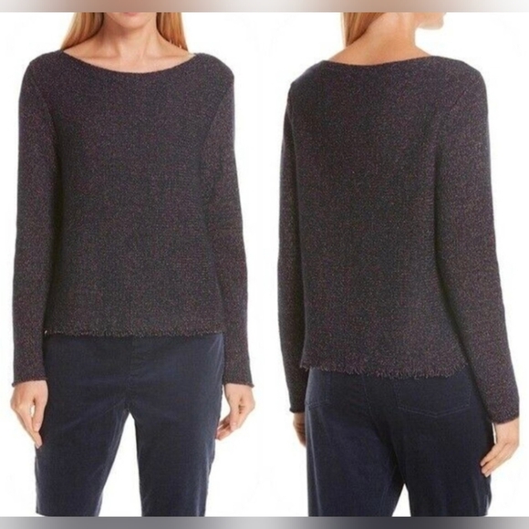 Eileen Fisher Italian Yarn Wool Blend Fringe Hem Sweater - Size XS in Midnight - Picture 3 of 9